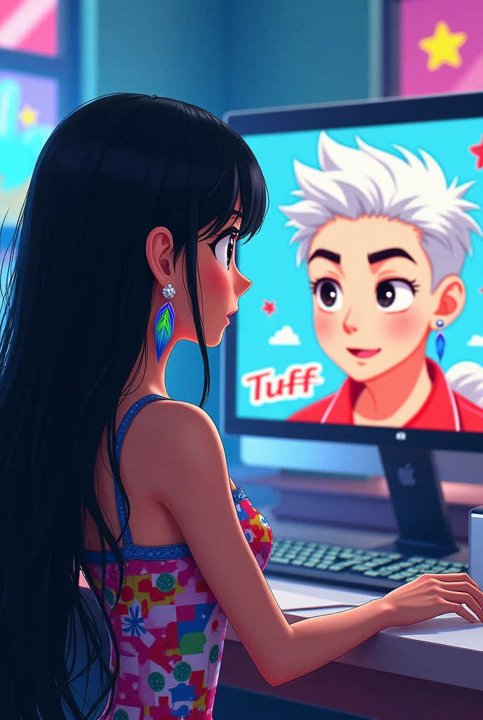 I want a girl with black hair, colorfull dress, small pearl earrings looking at computer with image of 25 year old white male, strong short white hair and colorful bird feather earrings above his head has a star symbol as if he were a game character like the sims and . And with the game title next to it the game is called "Human Simulator"