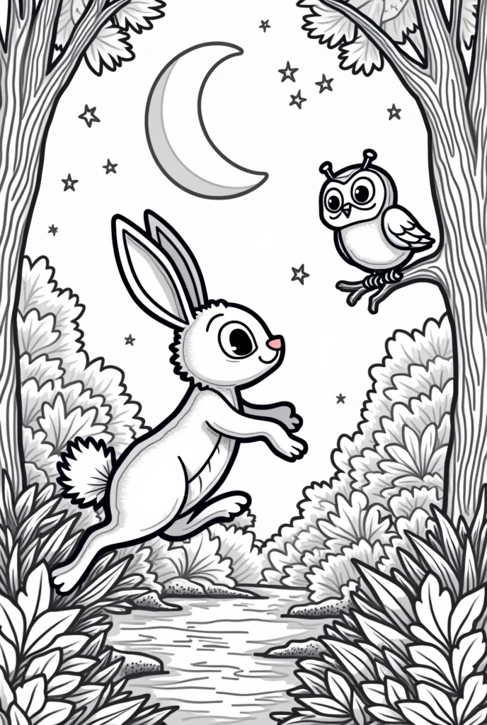 The rabbit that lived in the forest, I wanted to jump to the moon, while an owl watches from afar, animated coloring page