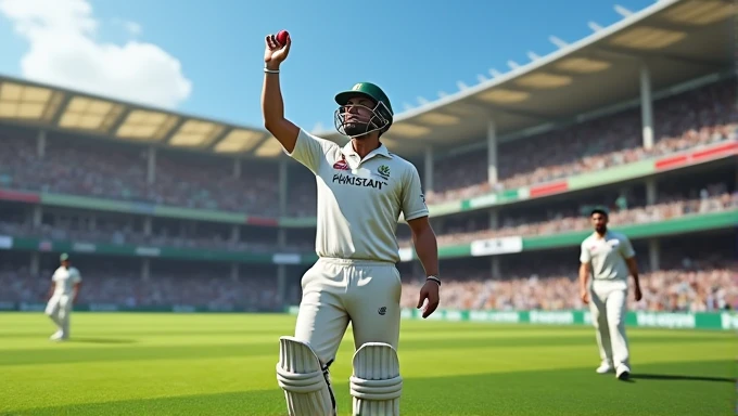 Babar Azam raising hand with cricket ball in hand and lead the team towards the pavillian after picking up 5 wicket haul in test match vs Bangladesh in Real Cricket 24