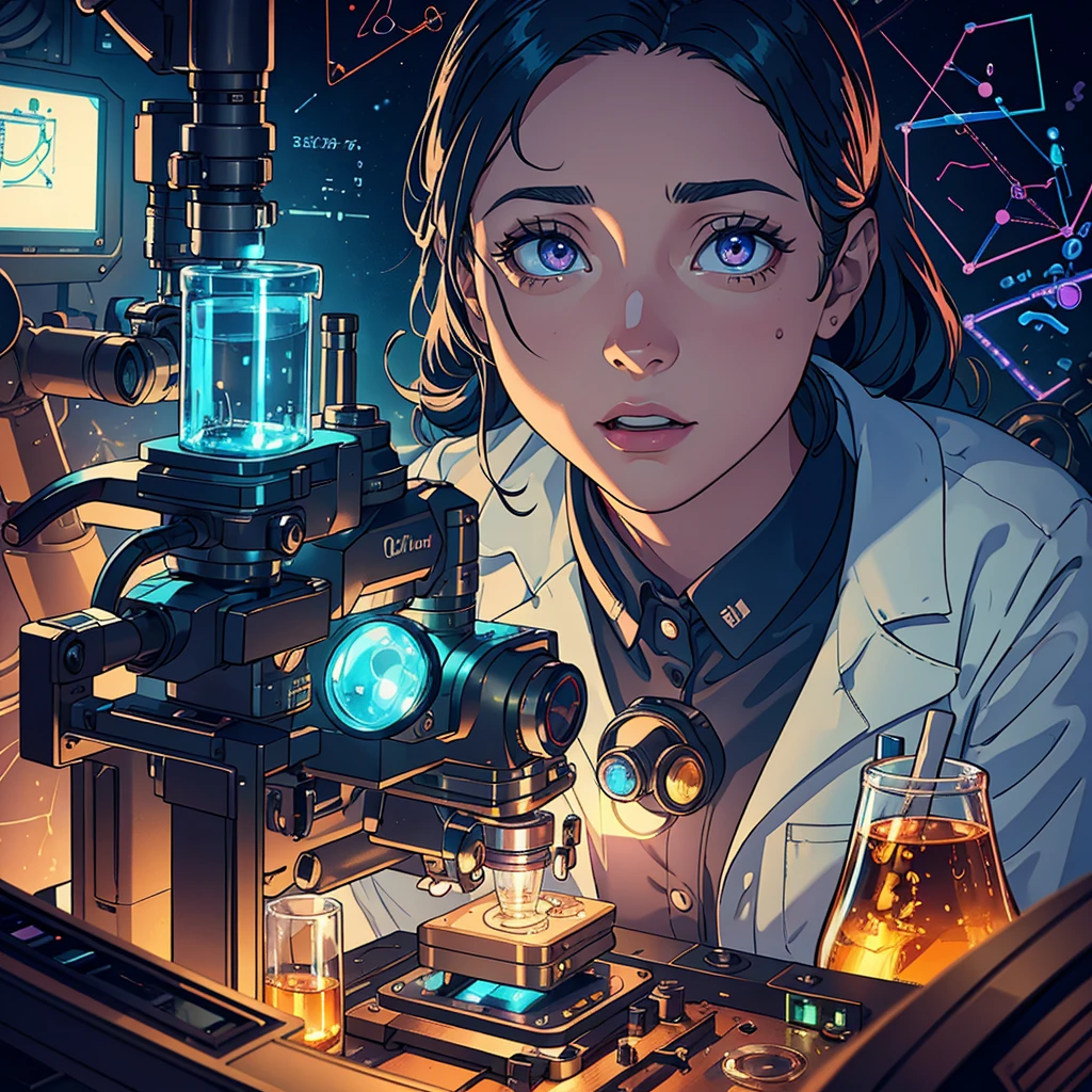 a scientist looking through a microscope, extremely detailed face and eyes, lab coat, close up view, scientific laboratory, complex scientific equipment, advanced technology, high quality image, 8k, photorealistic, cinematic lighting, vibrant colors, dramatic shadows, depth of field, intricate details, masterpiece