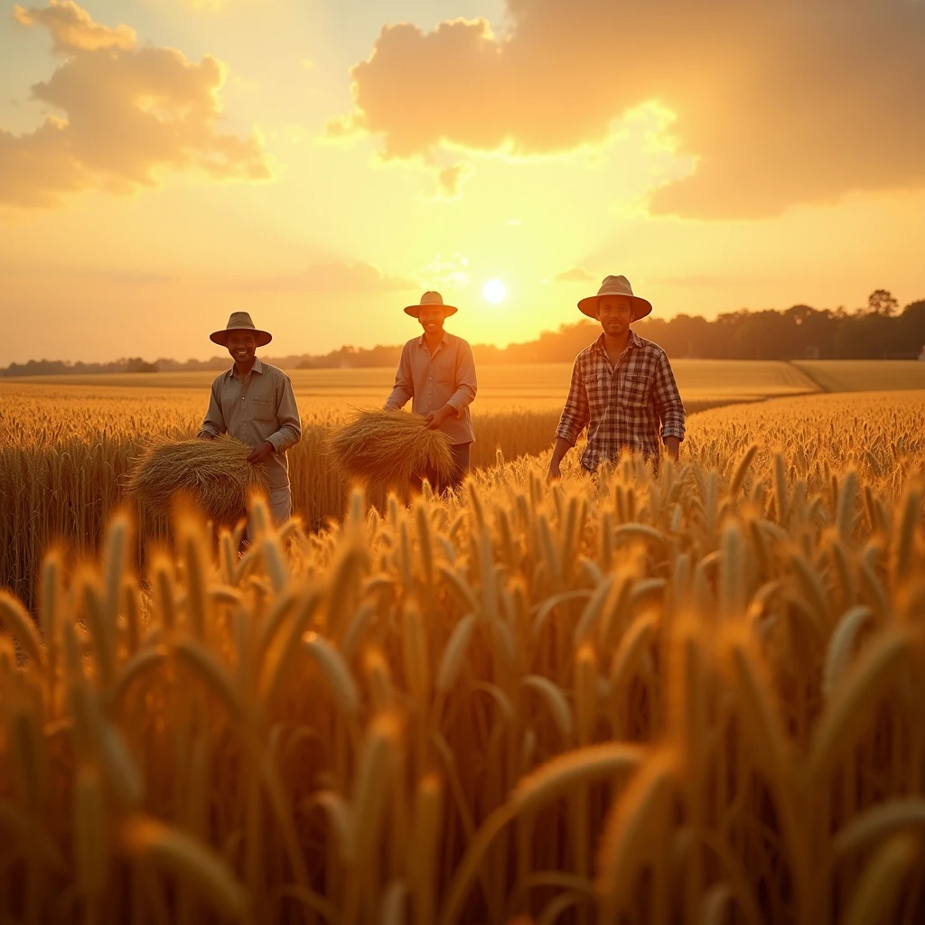 (Scene of Happiness), Farmers harvest crops in golden wheat fields, with faces filled with joy of harvest. Use a wide-angle lens to show the spectacular scene of the harvest and the farmers' satisfaction. Beautiful cinematic lighting, surreal, color graded, dynamic movement, captivating chiaroscuro, (special effects:0.1), full body, award-winning, cinematic still, emotional, vignette, dynamic, vivid, (masterpiece, best quality, photorealistic, Professional, perfect composition, very aesthetic, absurdres, ultra-detailed, intricate details:1.3)