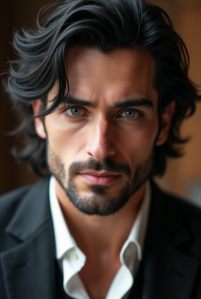 British. Masculine. Handsome, husband and father. Full lips, straight nose, and a finely shaved beard and mustache. Light blue eyes and messy and long black hair. Dimples and Thick eyebrows and smooth and white skin