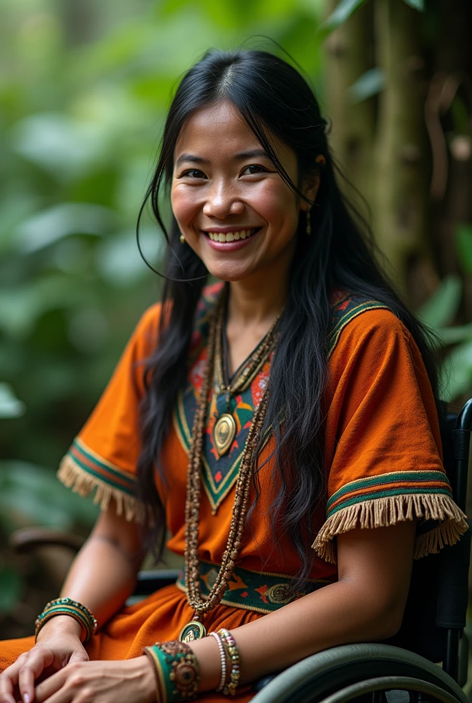 a detailed portrait of an indigenous person with a physical disability, sitting in a lush forest, surrounded by nature, beautiful detailed face, expressive eyes, warm smile, intricate indigenous patterns and jewelry, natural lighting, vibrant colors, cinematic composition, (best quality,4k,8k,highres,masterpiece:1.2),ultra-detailed,(realistic,photorealistic,photo-realistic:1.37),detailed indigenous person, detailed forest, detailed nature, detailed physical disability, intricate indigenous patterns,vibrant colors,cinematic lighting,cinematic composition