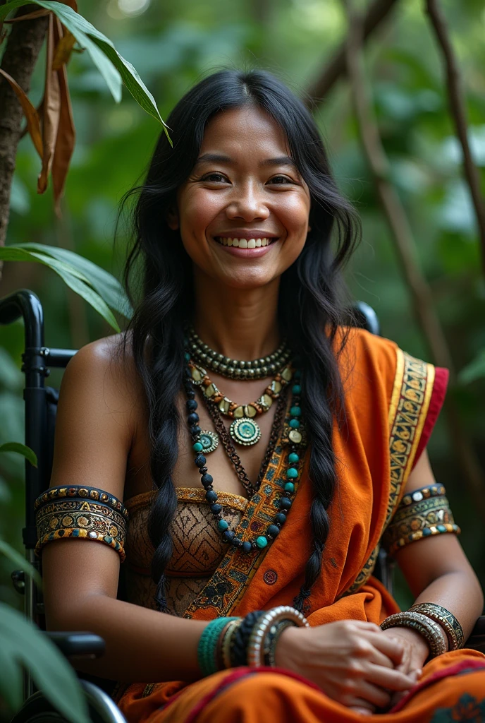a detailed portrait of an indigenous person with a physical disability, sitting in a lush forest, surrounded by nature, beautiful detailed face, expressive eyes, warm smile, intricate indigenous patterns and jewelry, natural lighting, vibrant colors, cinematic composition, (best quality,4k,8k,highres,masterpiece:1.2),ultra-detailed,(realistic,photorealistic,photo-realistic:1.37),detailed indigenous person, detailed forest, detailed nature, detailed physical disability, intricate indigenous patterns,vibrant colors,cinematic lighting,cinematic composition