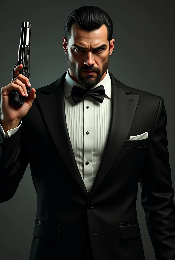 (photorealism:1.2),
image showing a man with black hair, a goatee, muscular, dressed in a tuxedo, holding a gun and a lot of mystery, mafia