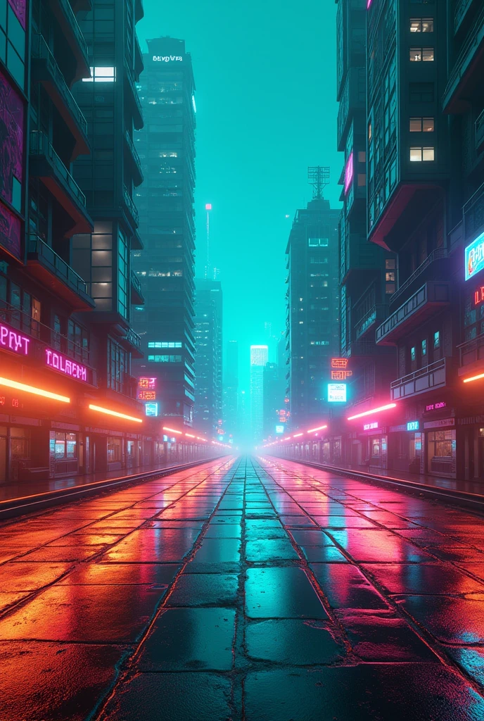 A neon road with buildings and teal , orange and purple lights and shiny floor more dangerous without peoples