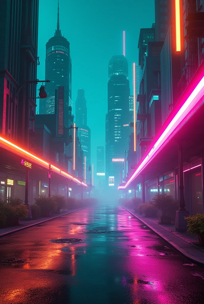 A neon road with buildings and teal , orange and purple lights and shiny floor more dangerous without peoples
