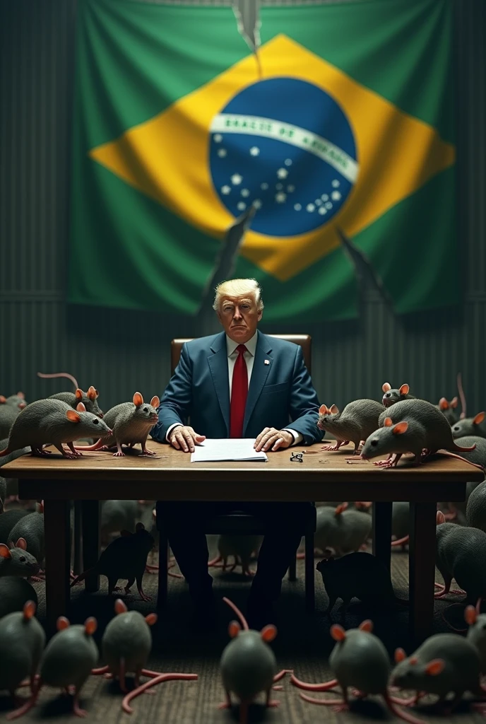 Create a president sitting on a table full of rats and the Brazilian flag torn behind