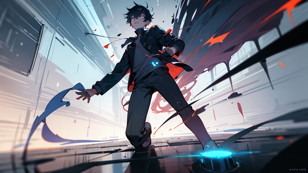 A age boy, around , with a slender build, holding the glowing pill. Shadows around him seem to pulse and swirl, creating a sense of urgency. The atmosphere is charged with eerie whispers, making the room feel more ominous.