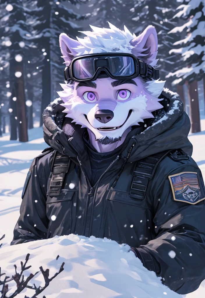 A white werewolf with ski goggles on his head and a black military uniform. His lilac eyes are smiling in the snow. He is cheerful and lively. Snow scene