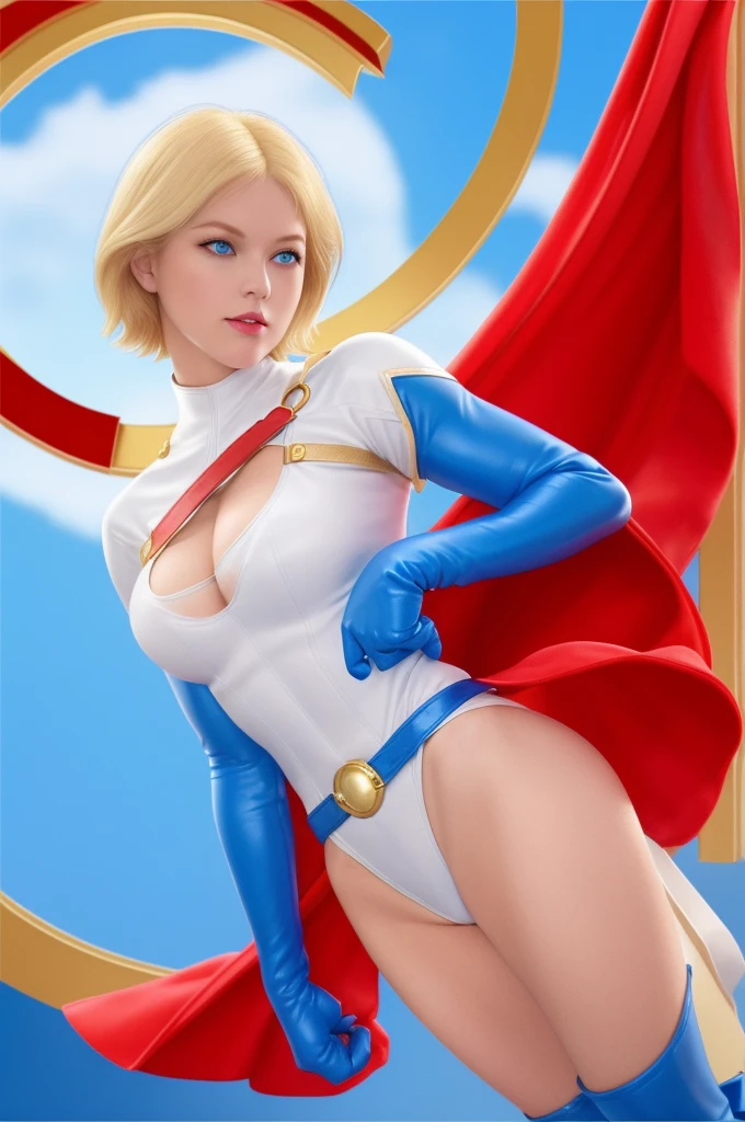 A FEMALE WITH SHORT BLONDE HAIR, BLUE EYES WEARING A WHITE ROUND CUT OUT CLEAVGE WINDOW LEOTARD, BLUE GLOVES, BLUE BOOTS, A RED BELTS WITH A GOLD CIRCLE, A LONG RED CAPE ATTACHED WITH GOLD CLASPS.