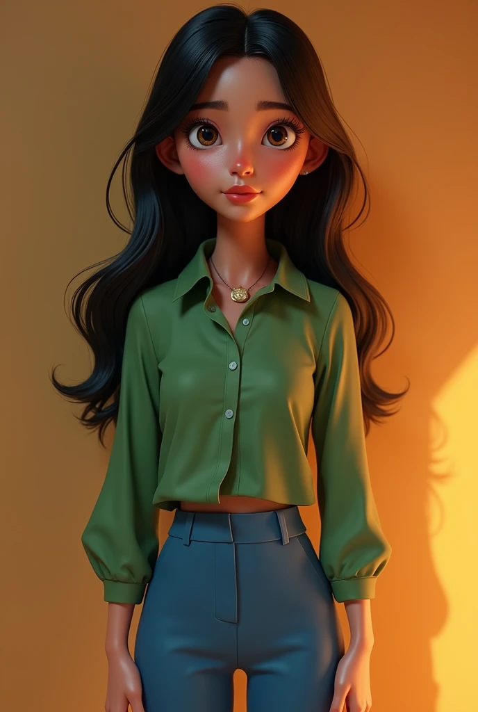 a character in standing pose, hyper realistic, 1girl, beautiful detailed eyes, beautiful detailed lips, extremely detailed face, long eyelashes, black hair, green shirt, blue pants, knee-high socks, intricate details, volumetric lighting, dramatic chiaroscuro, cinematic lighting, award-winning digital art, masterpiece, high quality, 8k, photorealistic, studio lighting, physically based rendering, vibrant colors, warm color palette, pixar style, disney