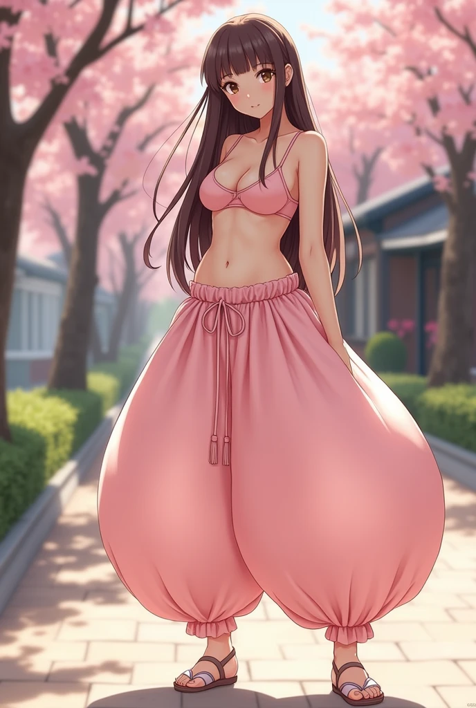 ((Photo of Pretty Japanese girl with super colossal breast)), Japanese high school girl, 1girl, solo, fullbody, brown eyes, brown long hair in a hime cut, blunt bangs, blunt tips, gigantic cleavage breasts, J cup breasts, (Very_large_breasts:1.5), standing in a pathway lined with cherry blossom trees, wearing an Arabian outfit consisting of only humongous inflatable full length satin princess_Jasmine-style harem pants with her midriff and belly button exposed, pink flats, and a simple satin strapless bra top. The pants and top are light pink and the pants are extremely puffy and completely round and completely spherical, (Best quality:1.3).