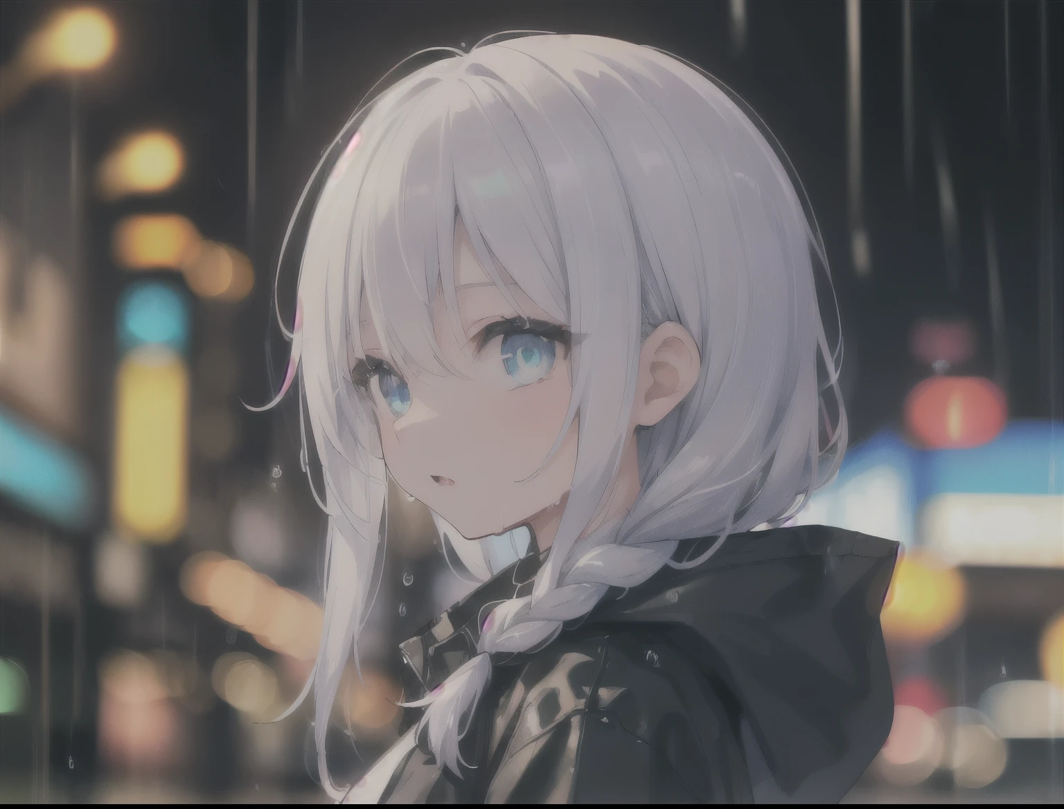 (masterpiece:1.21), (best quality:1.331), ((ultra-detailed)), ((extremely best illustration)), ((amazing)), (hyper quality), Gorgeous and rich graphics,
(extremely delicate and beautiful:1.21), 8k, wallpaper, (extremely beautiful lighting), hard light, delicate composition, (perfect conposition), (extremely beautiful and detailed background:1.21), rembrandt style expression of light and shadow, dark tone, (low-key and high-variance colorscale), ((depth of field)), deep shadow,
dynamic angle, from side, upper body, radial blur,
rain, (city lights, blurry background),
(1girl),(beautiful detailed eyes), clear blue eyes, long and silver french braid hair,
fatigues,
transparent raincoat, wet clothes and wet skin and dripping wet hair,
lens flare, string lights, street,, masterpiece, best quality,