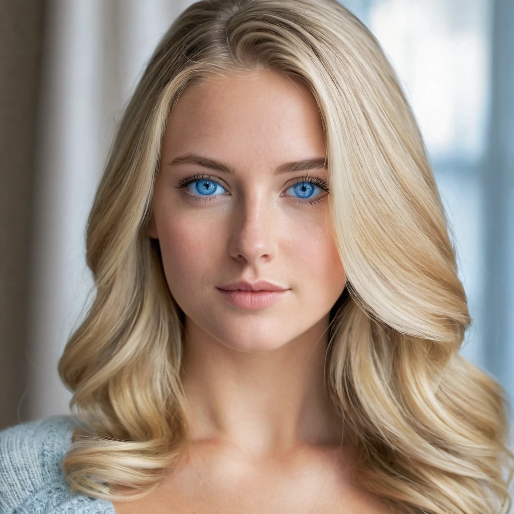 "A photorealistic picture of a 25-year-old American girl with long, medium size breast,tiny attractive nose, flowing blonde hair and striking blue eyes. She should have a natural, approachable expression and be illuminated by soft.Instagram photo. She is in her house, her hands are not captured in the photo, Capture this image with a high-resolution photograph.