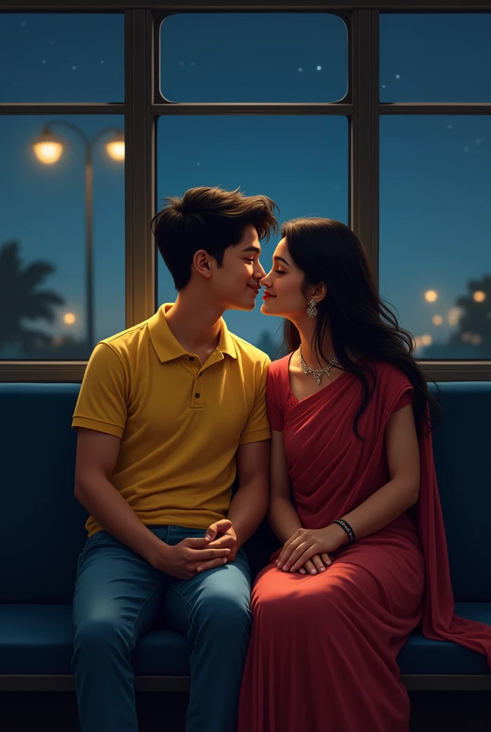 The boy and girl kissing each other inside the bus at night. Boy wears yellow polo t shirt, girl wears red undesigned Chudidhar. They sit Simultaneously.