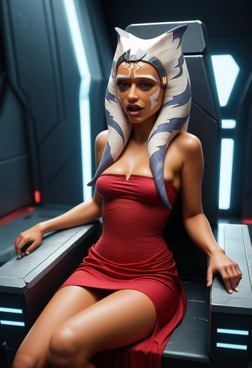 Emilia Clarke as Qi'ra licking the vagina to Ahsoka Tano, brunette curly long hair, sitting in a futuristic throne, wide open eyes, in topless, wears a mini red dress with a deep cleavage, squirting hard, in a dark side futuristic room, misterious, masterpiece, 8k