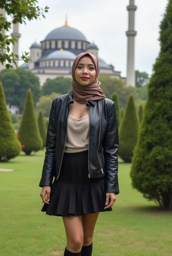 A garden with a view of the mosque, a beautiful Indonesian woman walking in the garden, dressed in a headscarf, wearing a black leather jacket with an open front, her breasts are completely naked, her nipples look small and beautiful, she is dressed in short black socks, she is dressed in a black mini skirt, the mini skirt is very short, mini The skirt is billowing up due to the wind.