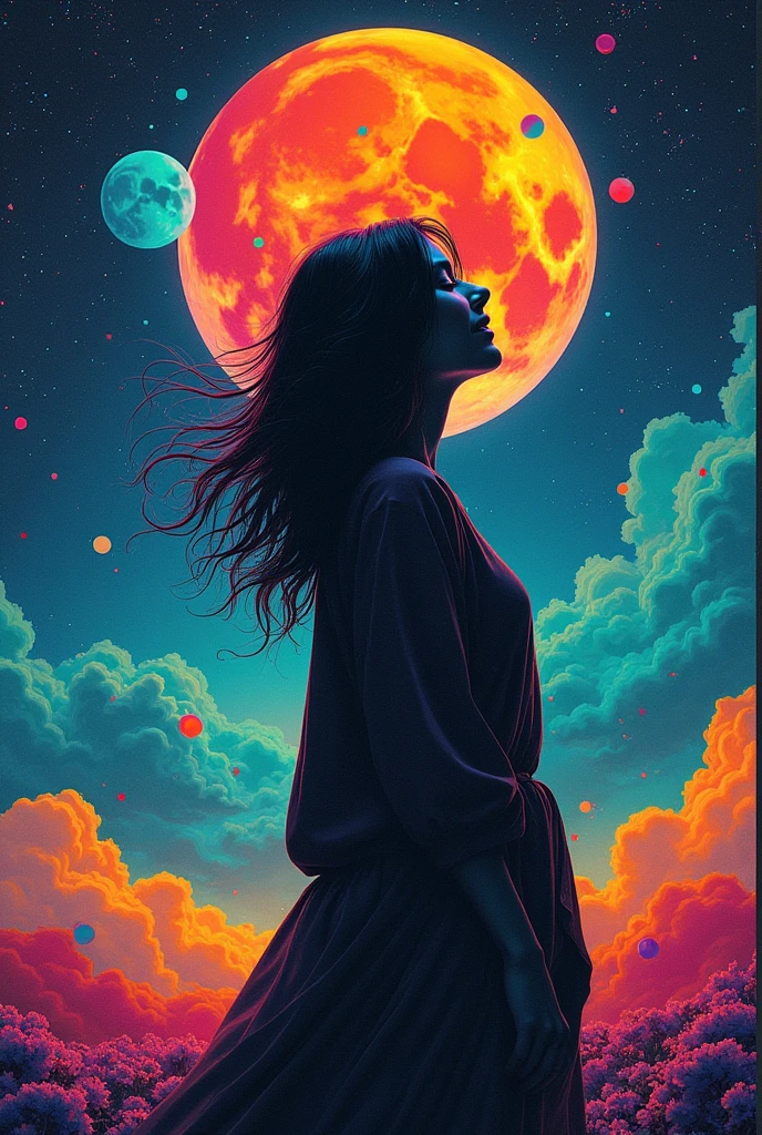 nightmare、psychedelic、Space is distorted、showy、dreamlike、The colors are noisy、A distorted silhouette of a person、smiling