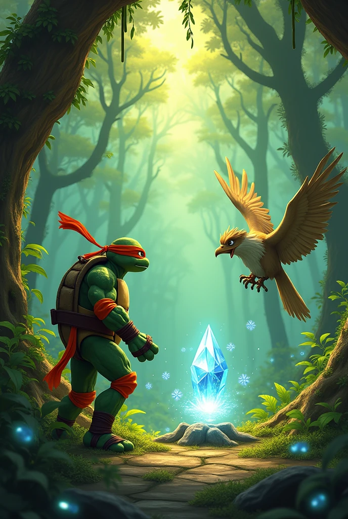 Michelanlangelo(orange ninja turtle) thought that, adjusting the magical energy of the forest, it would be possible to break the enchantment around the crystal. But then the Griffin got nervous and the whole forest started to move., como se estivesse viva.