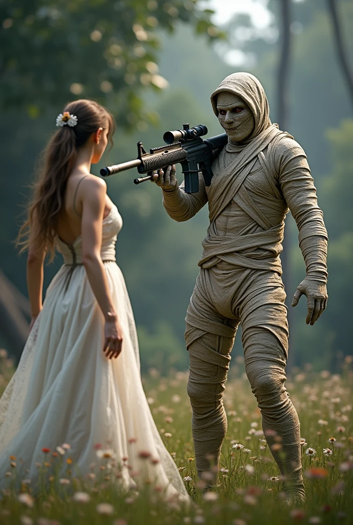 Pubg character wearing mummy suit with AWM and with girl character wearing white dress