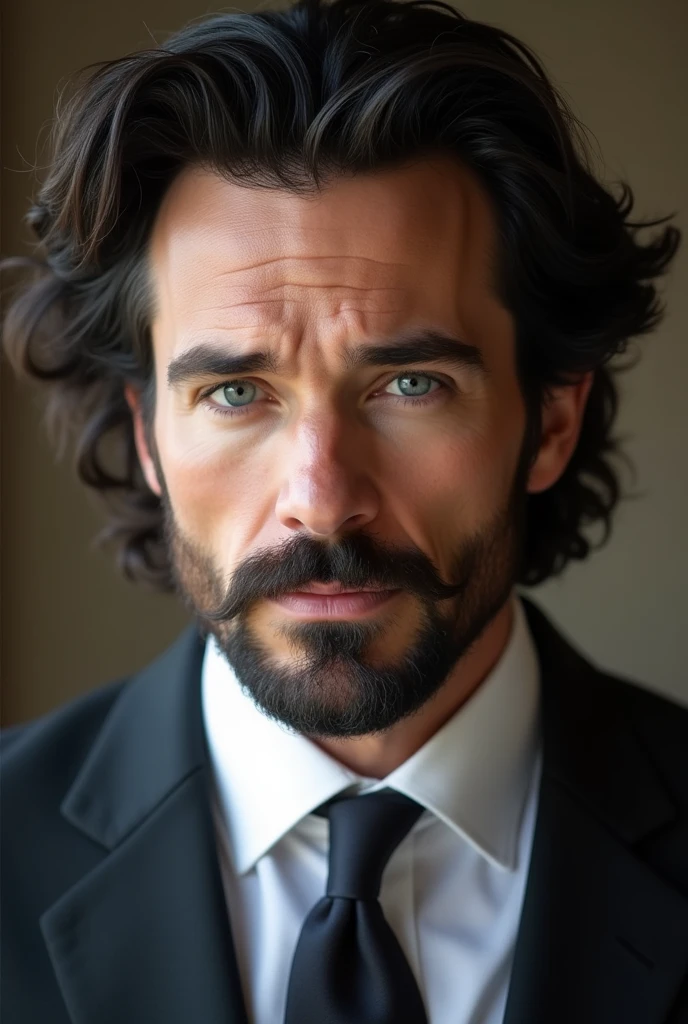 British. Masculine. Handsome, husband and father. Full lips, straight nose, and a finely shaved beard and mustache. Light blue eyes and messy and long black hair. Dimples and Thick eyebrows and smooth and white skin. similar to Jeffrey Dean Morgan