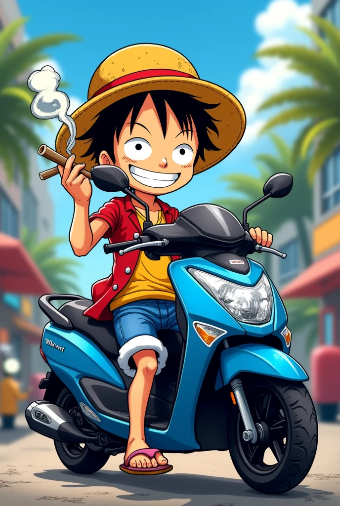 luffy de one piece sur un tmax entrain de fumer un joint en cartoon
