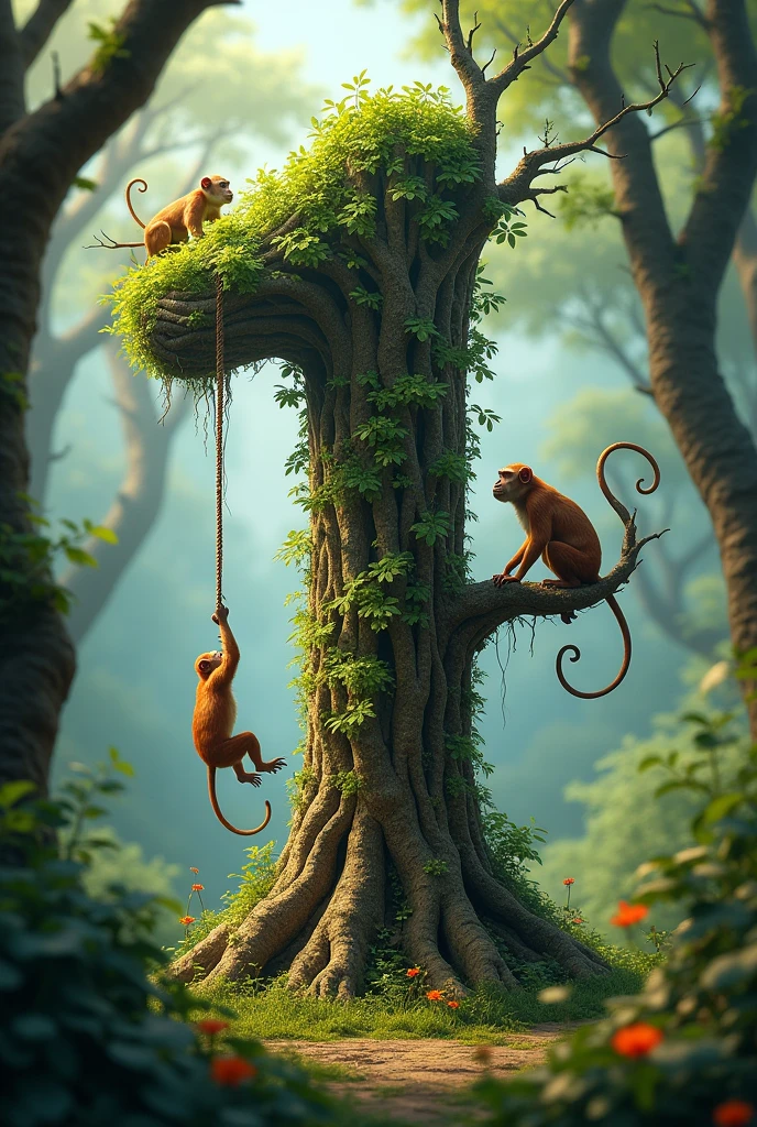 the number 1 as if it were a tree with a little monkey hanging from it and a forest in the background