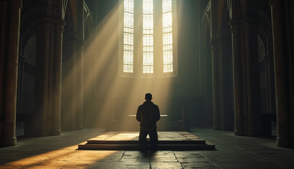 A lone figure kneeling at an altar in an empty church, praying intensely as sunlight streams through a high window, casting long shadows on the floor. The atmosphere is heavy with spiritual weight, symbolizing the individual’s search for answers in uncertain times. {cinematic, dramatic lighting, wide shot, high contrast, religious setting, soft focus} (landscape)