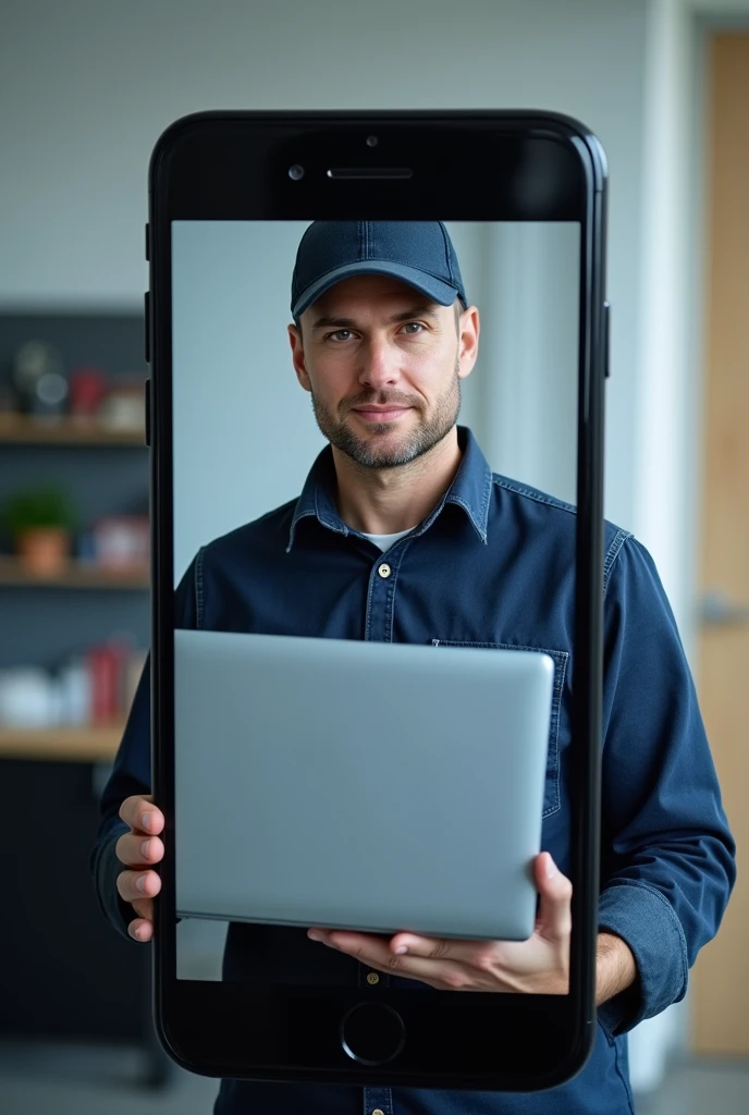 Mobile phone from which a computer technician with a dark blue flannel baseball cap appears on the screen holding a laptop in his hands to deliver it