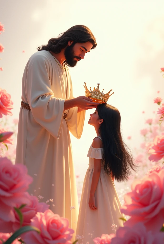 a kneeling girl in white clothes and a crown, drawing in the Disney Pixar style, in a dress with short sleeves and exposed shoulders, big, flowing hair, brownhair, She is with Jesus and Jesus places the crown on the girl's head, place surrounded by pink roses and lilies, the girl has a round face and long black hair and is happy, Her hair is very black. Jesus has the crown in his hand and is going to place it on the girl's head., the crown has diamonds, the two appear in the scene and the girl is a 15 year old girl, Jesus puts the crown on the girl's head, white background with large flowers