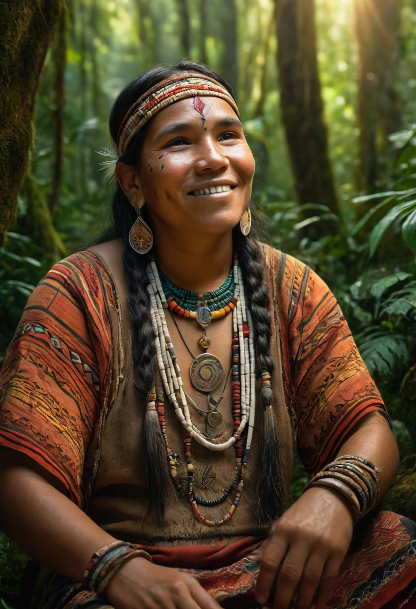 a detailed portrait of an indigenous person with a physical disability, sitting in a lush forest, surrounded by nature, beautiful detailed face, expressive eyes, warm smile, intricate indigenous patterns and jewelry, natural lighting, vibrant colors, cinematic composition, (best quality,4k,8k,highres,masterpiece:1.2),ultra-detailed,(realistic,photorealistic,photo-realistic:1.37),detailed indigenous person, detailed forest, detailed nature, detailed physical disability, intricate indigenous patterns,vibrant colors,cinematic lighting,cinematic composition