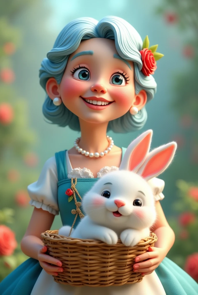 Very old woman hat white and blue woman blue hair
With a very smiling and happy lip
With an old basket with a white rabbit in it
With a white princess dress and
A pearl necklace with a red rose
3Dstyle