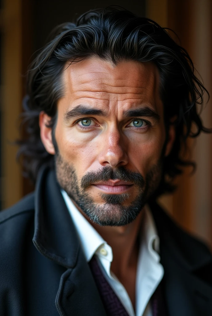 British. Masculine. Handsome, husband and father. Full lips, straight nose, and a finely shaved beard and mustache. Light blue eyes and messy and long black hair. Dimples and Thick eyebrows and smooth and white skin. similar to Jeffrey Dean Morgan