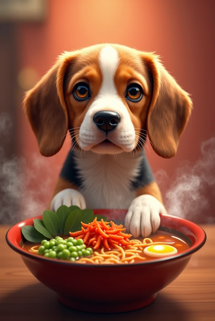 movie poster with a male beagle dog. Fur is dark brown ang white. Title is Ramen