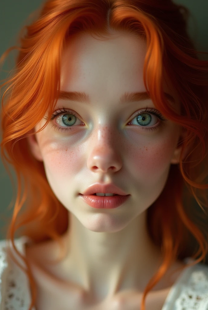 red haired woman, with slight beauty spots on her face. she has a round and innocent face