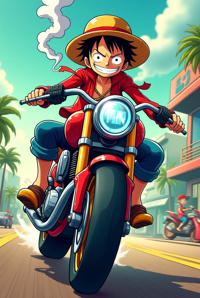 luffy de one piece sur une moto sportive entrain de fumer un joint en cartoon