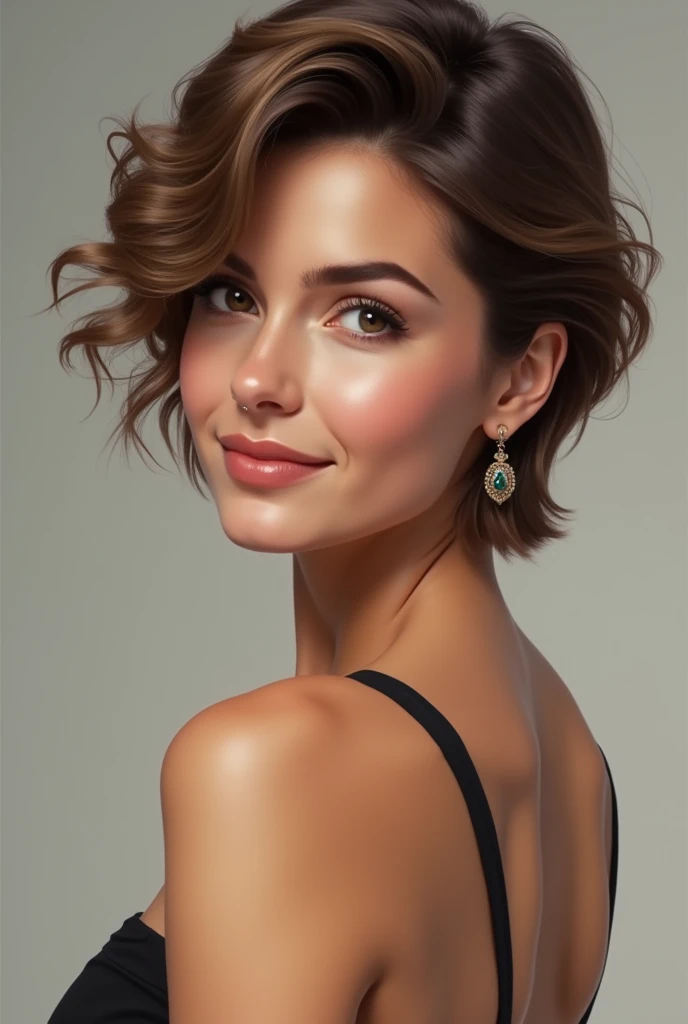 ((Meilleure qualité)), ((chef-d'œuvre)), (détaillé), visage parfait rond, Femme libanaise de 36 ans, grain de beauté près de l'œil gauche, NSFW, coupe courte de style pixie, cheveux chatains clairs, cheveux en mèches, cheveux bouclés, Hanches larges, hanches et cuisses pleines, souriant, anneau dans le nez