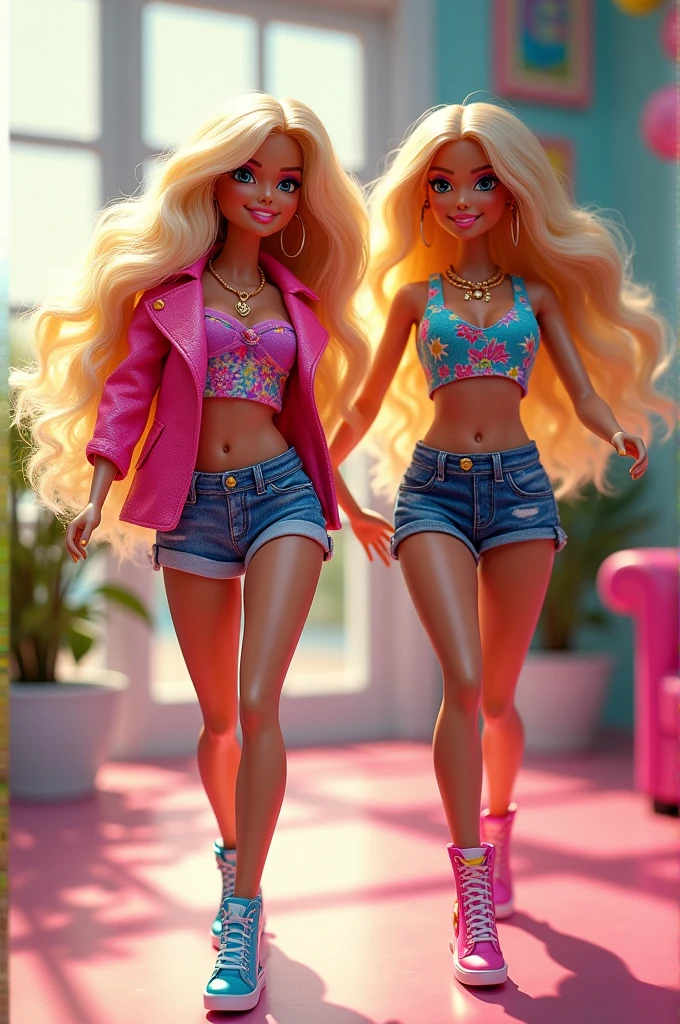 Un tableau de deux cousines barbie qui danse un mercredi waka waka eh eh de shakira