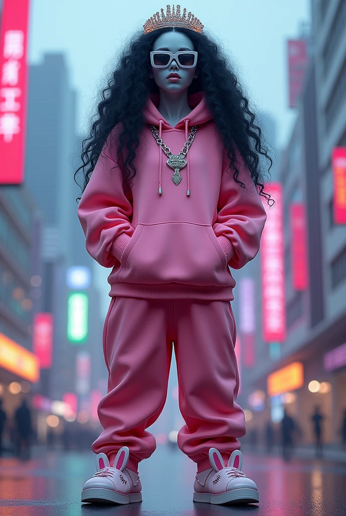 create an image of an full body alien in futuristic sun glasses, with long black curly hair , with a diamond crown chain on, wearing a big pink hoodie , and sweat pants, with bunny shoes