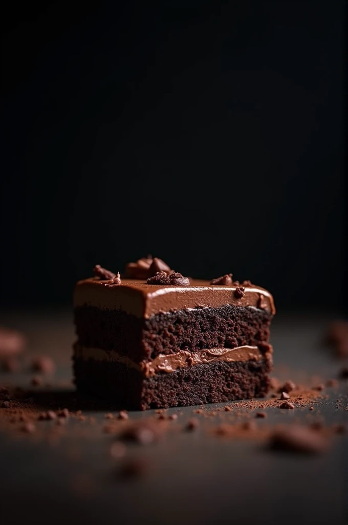 cinematic film still chocolate, chocolate cake, dark background, quality photo, moist texture, frosting, studio photo, slice . shallow depth of field, vignette, highly detailed, high budget, bokeh, cinemascope, moody, epic, gorgeous, film grain, grainy