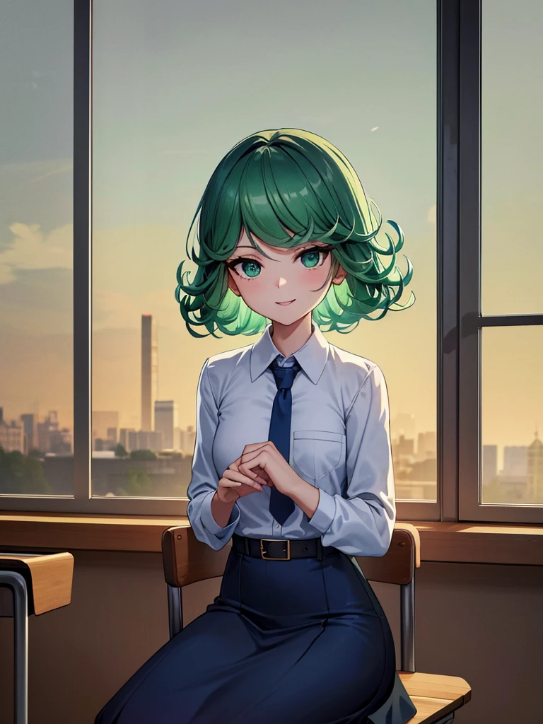 (high res, 8K, masterpiece, looking at viewer, best quality, very aesthetic, ultra detailed, ultra background, ultra Eyes) intricate details, 1girl, Tatsumaki, Chibi, Long sleeved white shirt, Dark Blue Long skirt, Pockets on the left chest, Dark Blue tie, Wearing a belt, White Headscarf, green eyes, Smile Face, Sit on the Chair, Background Windows, Clasroom, Cinematic Angle
