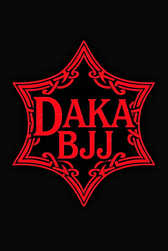 logo for jiu jitsu academy with DAKA BJJ written in celtic font in the middle of the red and black petagonal emblem