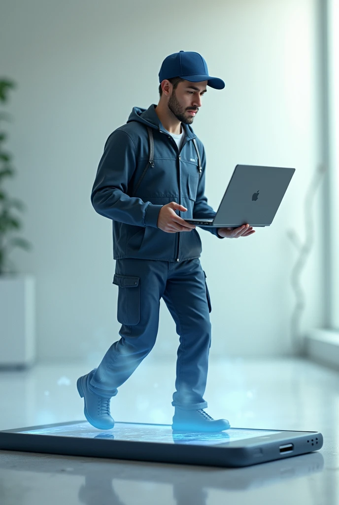 Mobile seen in profile from where a computer technician with a dark blue flannel baseball cap emerges from the screen holding a laptop in his hands to deliver it