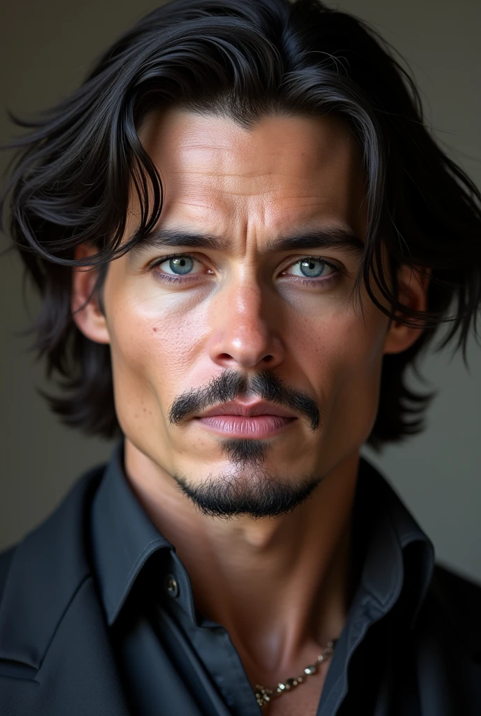 British. Masculine. Handsome, husband and father. Full lips, straight nose, and a finely shaved beard and mustache. Light blue eyes and messy and long black hair. Dimples and Thick eyebrows and smooth and white skin. similar to Jhonny depp