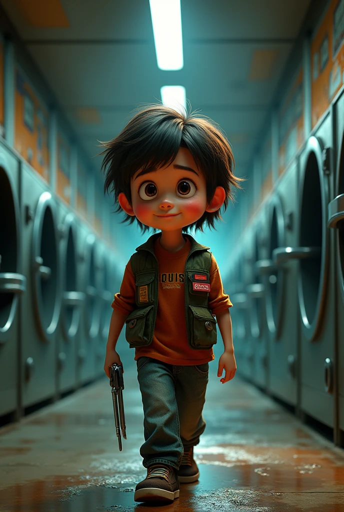A Disney pixar movie poster, featuring a young boy with medium shaggy hair, wearing  a bullet proof vest with the words LOOMIS on it, background ATM cash room, the movie title at the top says "Lil' Stefan", text at the bottom saying "in theaters August", Disney pixar logo above title, actor names and studios details at the bottom, highly detailed, best quality, 4k