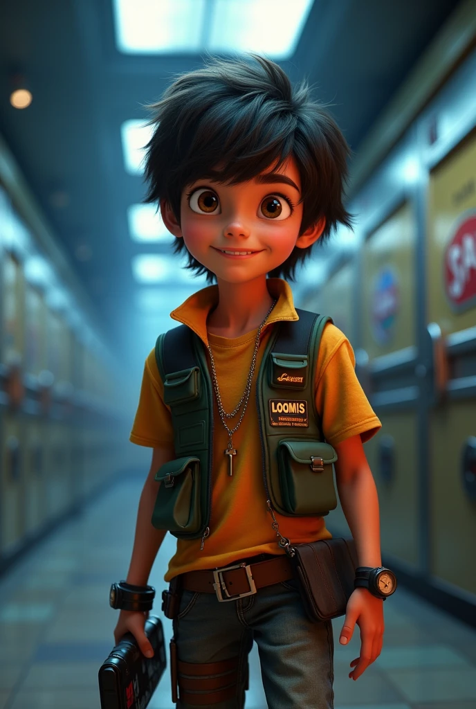 A Disney pixar movie poster, featuring a young boy with medium shaggy hair, wearing a bullet proof vest with the words LOOMIS on it, background ATM cash room, the movie title at the top says "Lil' Stefan", text at the bottom saying "in theaters August", Disney pixar logo above title, actor names and studios details at the bottom, highly detailed, best quality, 4k