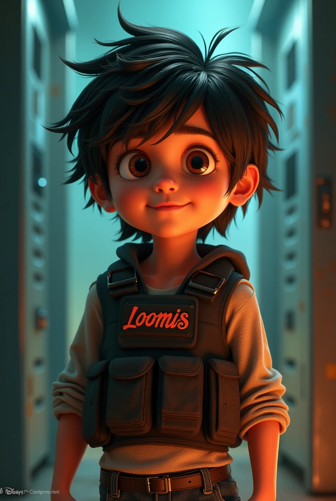 A Disney pixar movie poster, featuring a young boy with medium shaggy hair, wearing a bullet proof vest with the words LOOMIS on it, background ATM cash room, the movie title at the top says "Lil' Stefan", text at the bottom saying "in theaters August", Disney pixar logo above title, actor names and studios details at the bottom, highly detailed, best quality, 4k