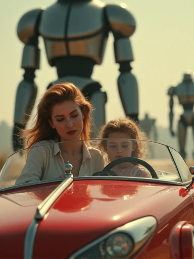 (Masterpiece.UHD.photorealistic analog photography. 1950 style) In a dystopian retro futuristic world. an ultra hot gorgeous European woman.age 23.1950 random hairstyle random hair color, voluptuous curvy figure, perfect round cleavage. Smiling Full lips. Round Baby face. Huge natural breasts (100 DD size). Wearing 40/50´s clothes. She’s a mom with her daughter (she looks worried). Driving a shiny flying over the ground futuristic vehicle.1930 clunky war evil robots. early morning light.