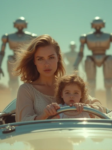 (Masterpiece.UHD.photorealistic analog photography. 1950 style) In a dystopian retro futuristic world. an ultra hot gorgeous European woman.age 23.1950 random hairstyle random hair color, voluptuous curvy figure, perfect round cleavage. Smiling Full lips. Round Baby face. Huge natural breasts (100 DD size). Wearing 40/50´s clothes. She’s a mom with her daughter (she looks worried). Driving a shiny flying over the ground futuristic vehicle.1930 clunky war evil robots. early morning light.